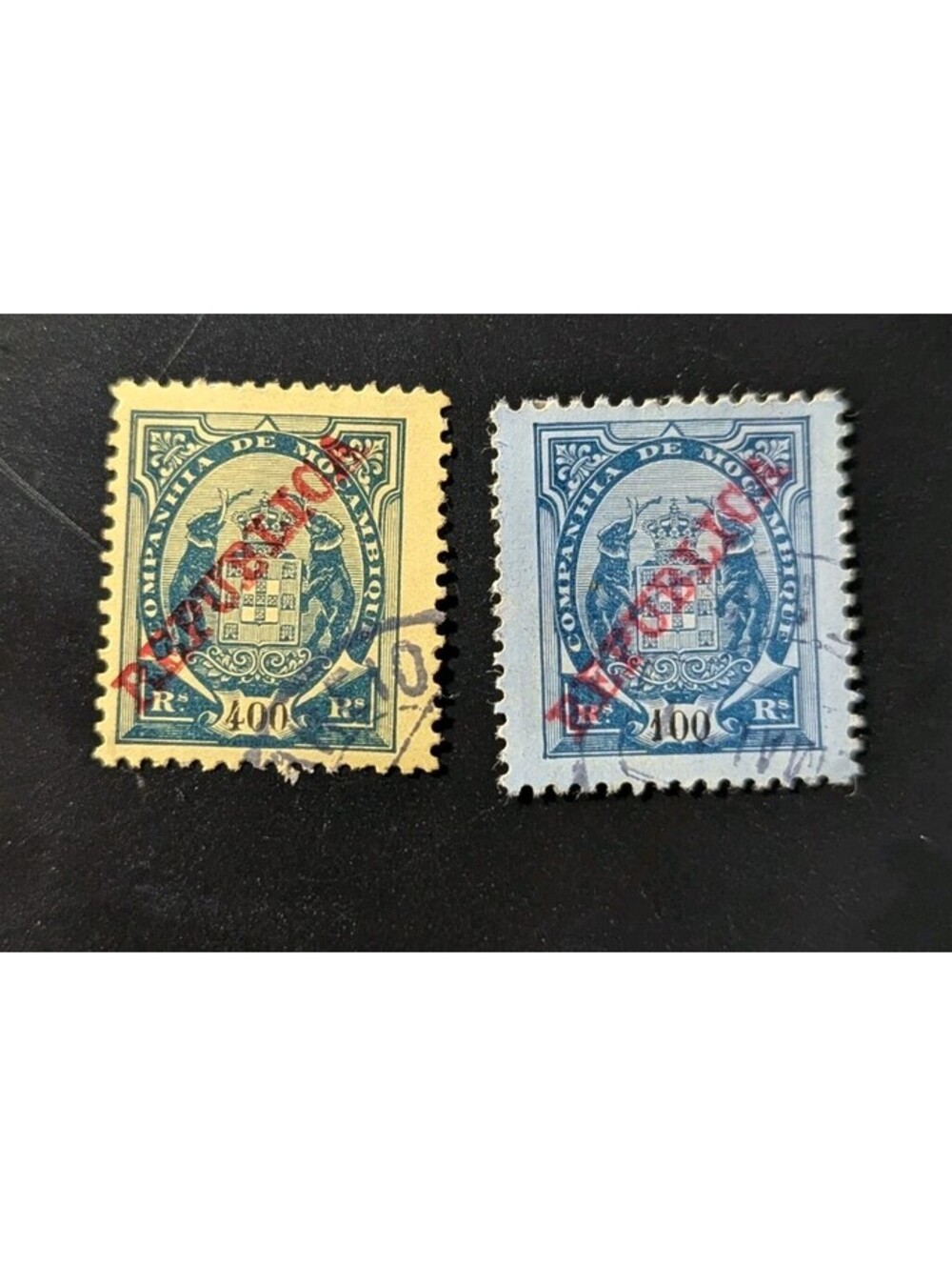 MOZAMBIQUE COMPANY  - 2 Colonial Coat of Arms 100 +400 Reis Rare 1911 VFU Stamp